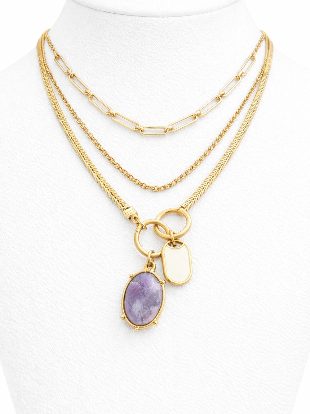 Gold Layered Necklace with Purple Stone and Tag Pendant